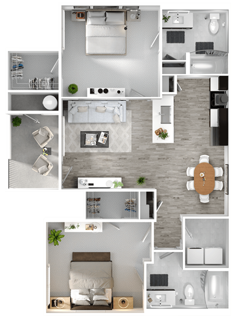 A floor plan of a house with multiple rooms and furniture layouts.